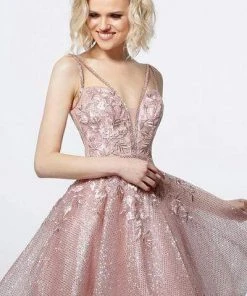 Jovani - 3654 Applique Deep V-neck A-line Dress