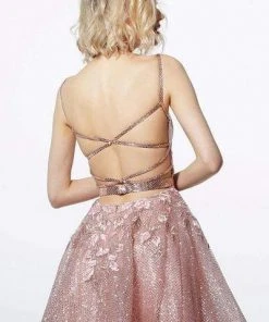 Jovani - 3654 Applique Deep V-neck A-line Dress