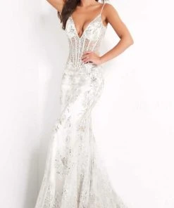 Jovani - 3675 Sheer Corset Bodice Sequin Mermaid Gown