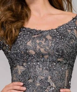 Jovani - 37938 Scoop Quarter Length Sleeves A Line Gown