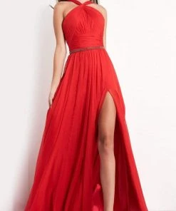 Jovani - 3836 Cross Halter Neck Ruched Bodice Chiffon A-Line Gown3