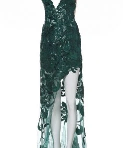 Jovani - 4084 Floral Sequin Appliqued Fitted High Low Prom Dress