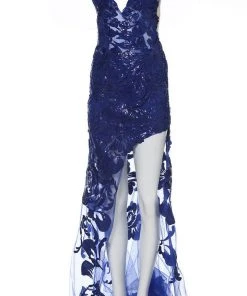 Jovani - 4084 Floral Sequin Appliqued Fitted High Low Prom Dress