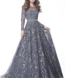 Jovani - 51838 Embroidered Long Sleeve Bateau Ballgown
