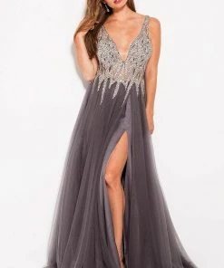 Jovani - 54873 Embellished Plunging V-neck A-line Dress