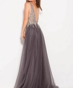 Jovani - 54873 Embellished Plunging V-neck A-line Dress