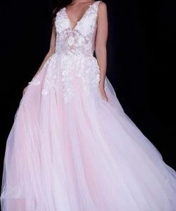 Jovani 55634 Sheer Floral Appliques V-Neck Ballgown