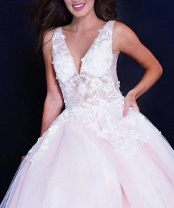 Jovani 55634 Sheer Floral Appliques V-Neck Ballgown