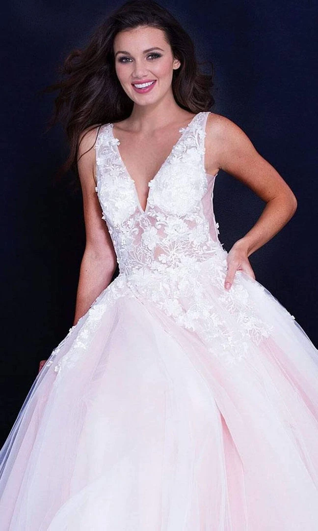 Jovani 55634 Sheer Floral Appliques V-Neck Ballgown 4 Jovani 55634 Sheer Floral Appliques V-Neck Ballgown