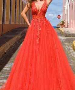 Jovani 55634 Sheer Floral Appliques V-Neck Ballgown 32 Jovani 55634 Sheer Floral Appliques V-Neck Ballgown