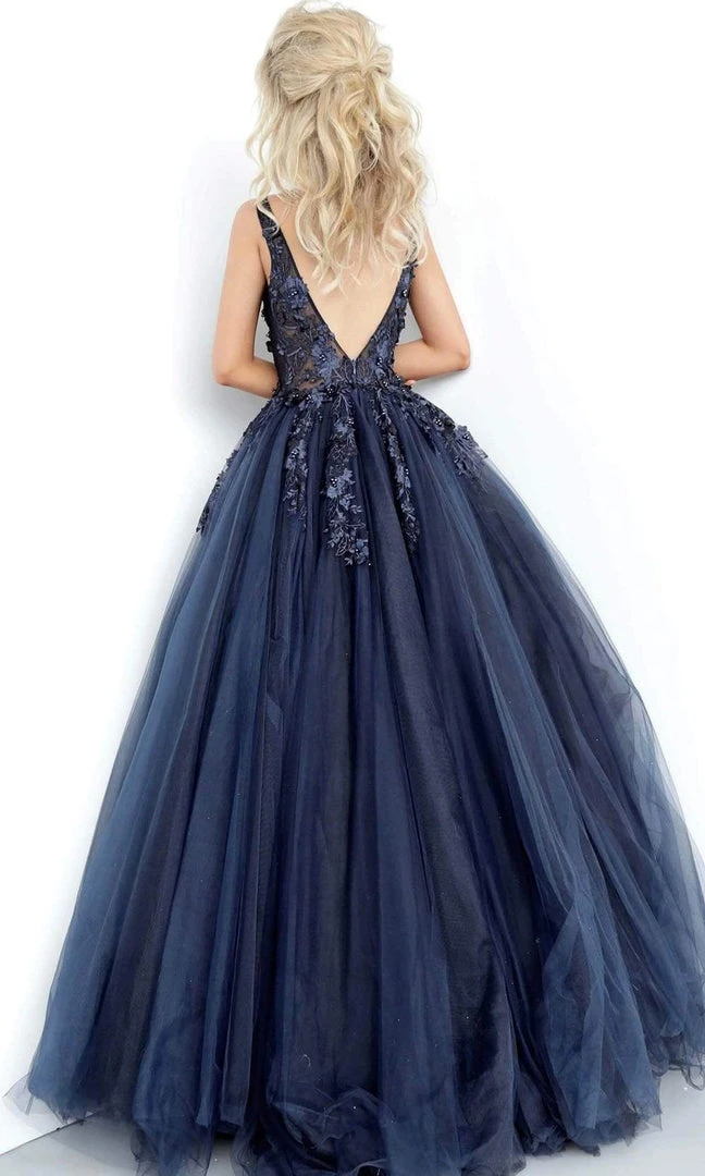 Jovani 55634 Sheer Floral Appliques V-Neck Ballgown 14 Jovani 55634 Sheer Floral Appliques V-Neck Ballgown