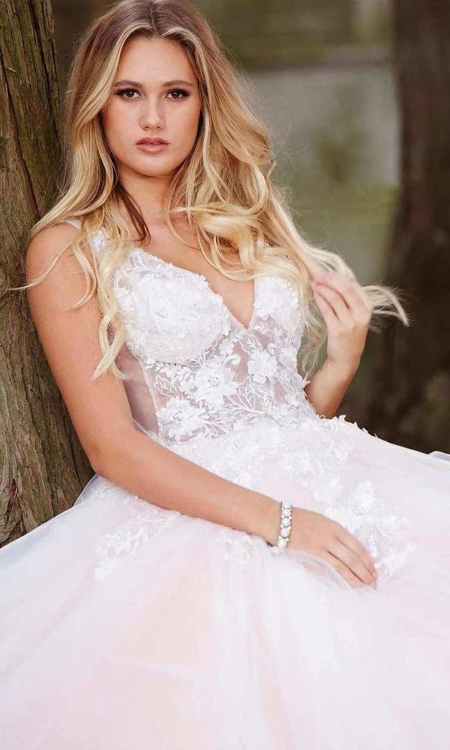 Jovani 55634 Sheer Floral Appliques V-Neck Ballgown 10 Jovani 55634 Sheer Floral Appliques V-Neck Ballgown