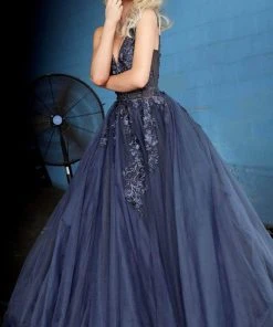 Jovani 55634 Sheer Floral Appliques V-Neck Ballgown 35 Jovani 55634 Sheer Floral Appliques V-Neck Ballgown