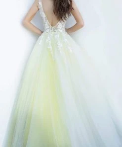 Jovani 55634 Sheer Floral Appliques V-Neck Ballgown 38 Jovani 55634 Sheer Floral Appliques V-Neck Ballgown