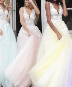 Jovani 55634 Sheer Floral Appliques V-Neck Ballgown 28 Jovani 55634 Sheer Floral Appliques V-Neck Ballgown