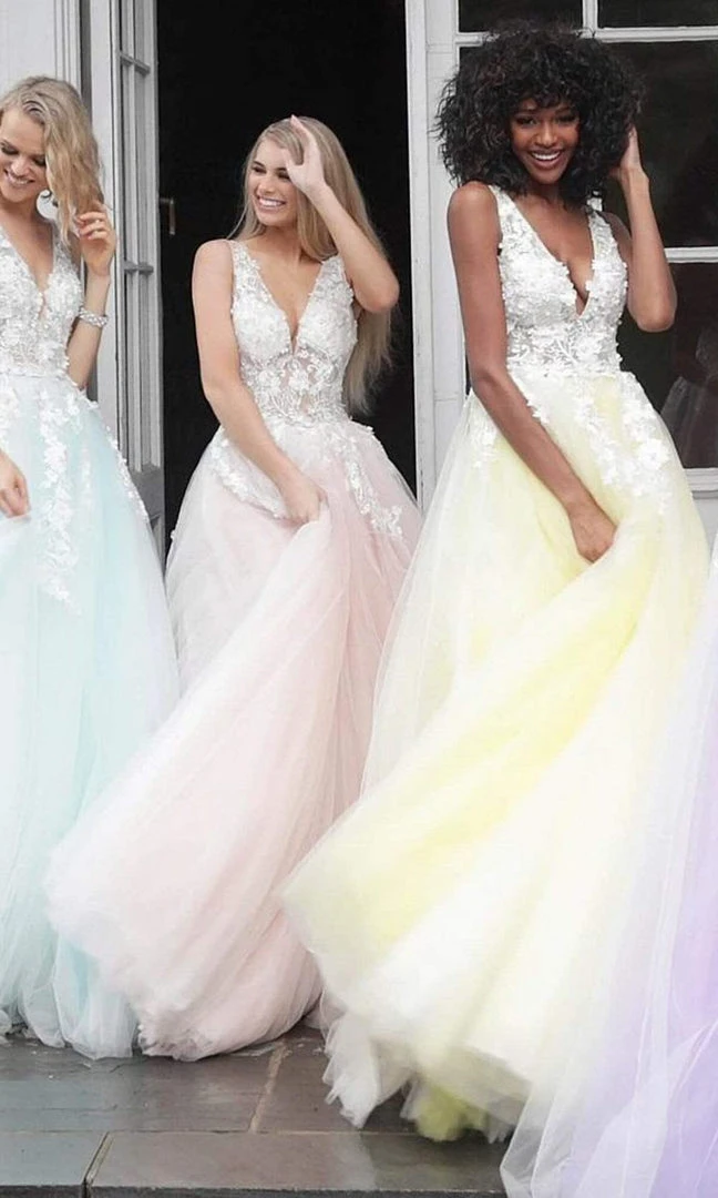 Jovani 55634 Sheer Floral Appliques V-Neck Ballgown 8 Jovani 55634 Sheer Floral Appliques V-Neck Ballgown