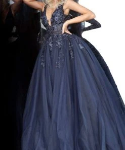 Jovani 55634 Sheer Floral Appliques V-Neck Ballgown 36 Jovani 55634 Sheer Floral Appliques V-Neck Ballgown