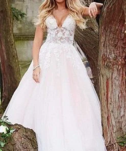 Jovani 55634 Sheer Floral Appliques V-Neck Ballgown 42 Jovani 55634 Sheer Floral Appliques V-Neck Ballgown