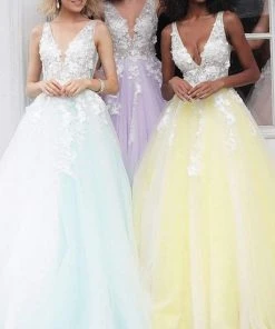 Jovani 55634 Sheer Floral Appliques V-Neck Ballgown 25 Jovani 55634 Sheer Floral Appliques V-Neck Ballgown