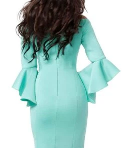 Jovani - 59992 Flounced Long Sleeve Off Shoulder Sheath Dress