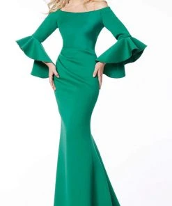 Jovani - 59993 Off Shoulder Bell Sleeve Draping Mermaid Gown