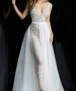 Jovani - 60010 Beaded Deep V-neck Jumpsuit With Tulle Overskirt