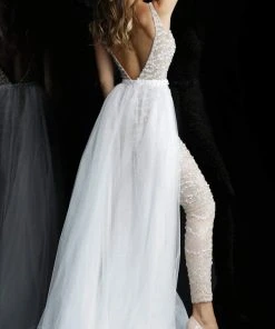 Jovani - 60010 Beaded Deep V-neck Jumpsuit With Tulle Overskirt