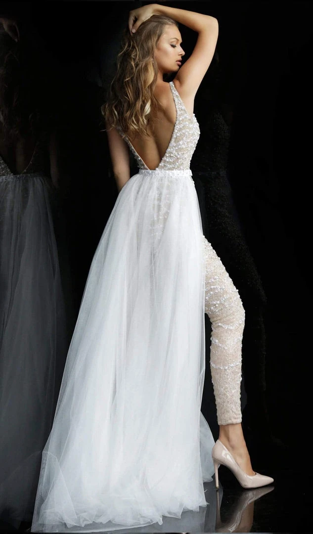 Jovani - 60010 Beaded Deep V-neck Jumpsuit With Tulle Overskirt 4 Jovani - 60010 Beaded Deep V-neck Jumpsuit With Tulle Overskirt
