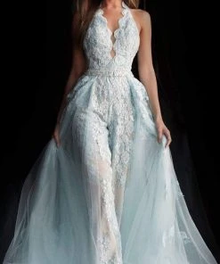 Jovani - 60124 Embellished Lace Halter V-neck Jumpsuit With Overskirt