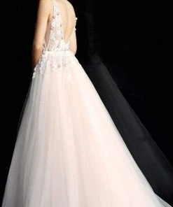 Jovani - 61109 Floral Applique Plunging V-neck Tulle Ballgown