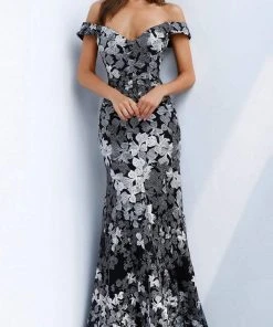 Jovani - 61380 Two Tone Embroidered Off-Shoulder Trumpet Dress