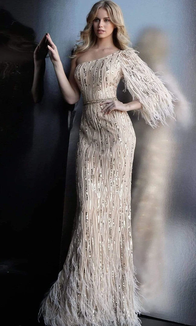 Jovani - 63342 Feathered Bishop Sleeve Asymmetrical Gown 3 Jovani - 63342 Feathered Bishop Sleeve Asymmetrical Gown