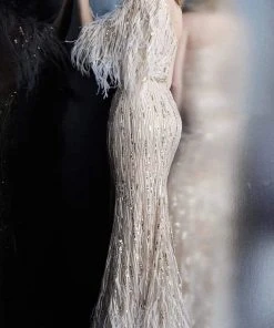 Jovani - 63342 Feathered Bishop Sleeve Asymmetrical Gown 5 Jovani - 63342 Feathered Bishop Sleeve Asymmetrical Gown