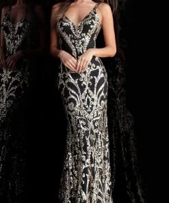 Jovani - 63350 Metallic Sequined Plunging Long Gown