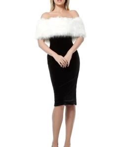 Jovani - 63883 Fur Cape Off-Shoulder Velvet Dress