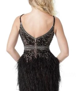 Jovani 64266 - V-Neck Feathered Sheath Cocktail Dress 9 Jovani 64266 - V-Neck Feathered Sheath Cocktail Dress