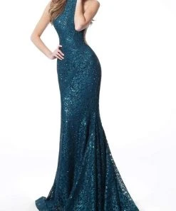 Jovani - 64522 High Neck Cut-in Shoulders Sparkly Lace Mermaid Gown