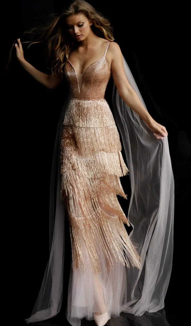 Jovani - 65346 Long Fringe Deep V-neck Tiered Sheath Dress 5 Jovani - 65346 Long Fringe Deep V-neck Tiered Sheath Dress