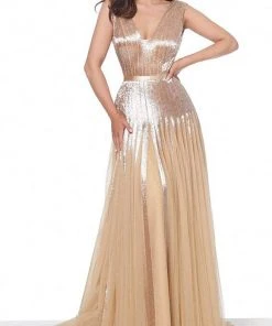 Jovani - 65830 Gold Beaded V Neck A-Line Gown