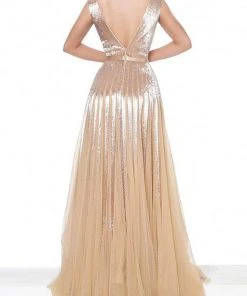 Jovani - 65830 Gold Beaded V Neck A-Line Gown