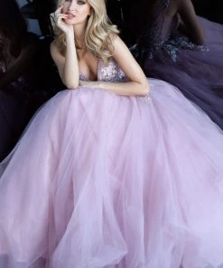 Jovani - 67459 V-Neck Tulle Long A-Line Dress