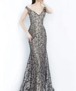 Jovani - 8083 Metallic Lace Off-Shoulder Trumpet Dress