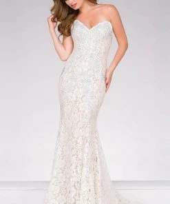 Jovani - Crystal Embellished Strapless Lace Prom Dress 37334