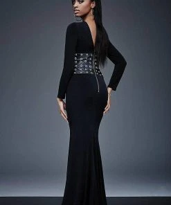 Jovani - Long Sleeve With Leather Waistline Black Evening Dress M309