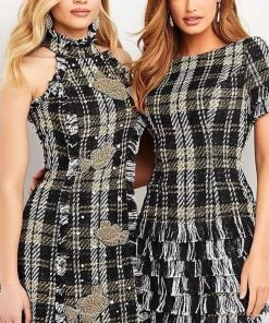 Jovani - M04835 Fringe Hem Plaid Contemporary Dress