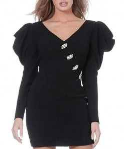 Jovani - M3229 Puffed Long Sleeves V Neck Dress
