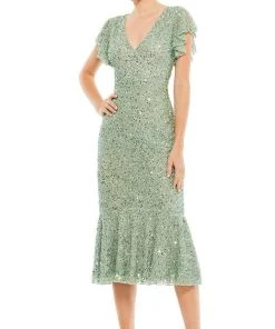 Mac Duggal - 10801 Sequined Deep V-Neck Sheath Dress