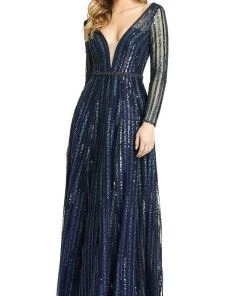 Mac Duggal - 11184 Illusion Long Sleeve V-Neck Embellished A-Line Gown