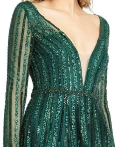 Mac Duggal - 11184 Illusion Long Sleeve V-Neck Embellished A-Line Gown