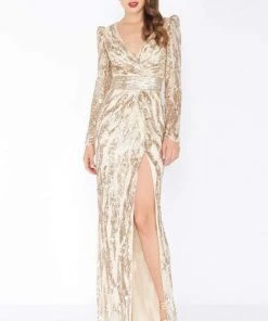 Mac Duggal - 4635R Long Dynasty Sleeve Sequined High Slit Gown 11 Mac Duggal - 4635R Long Dynasty Sleeve Sequined High Slit Gown